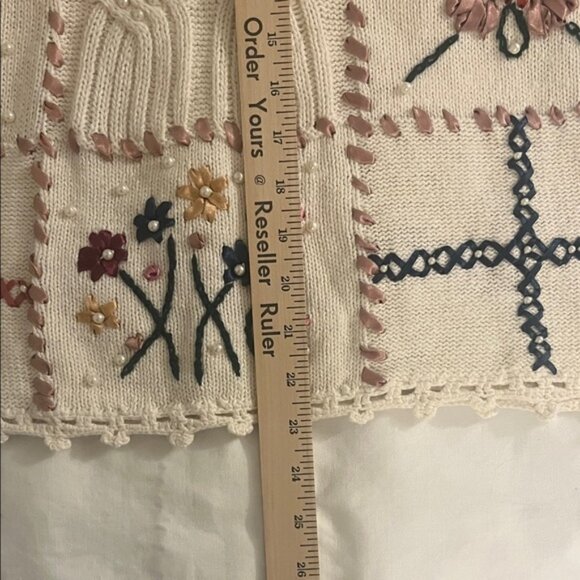 Shenanigans Cream Floral Design and Pearls Crew Neck Knit Sweater, Small - Picture 8 of 8